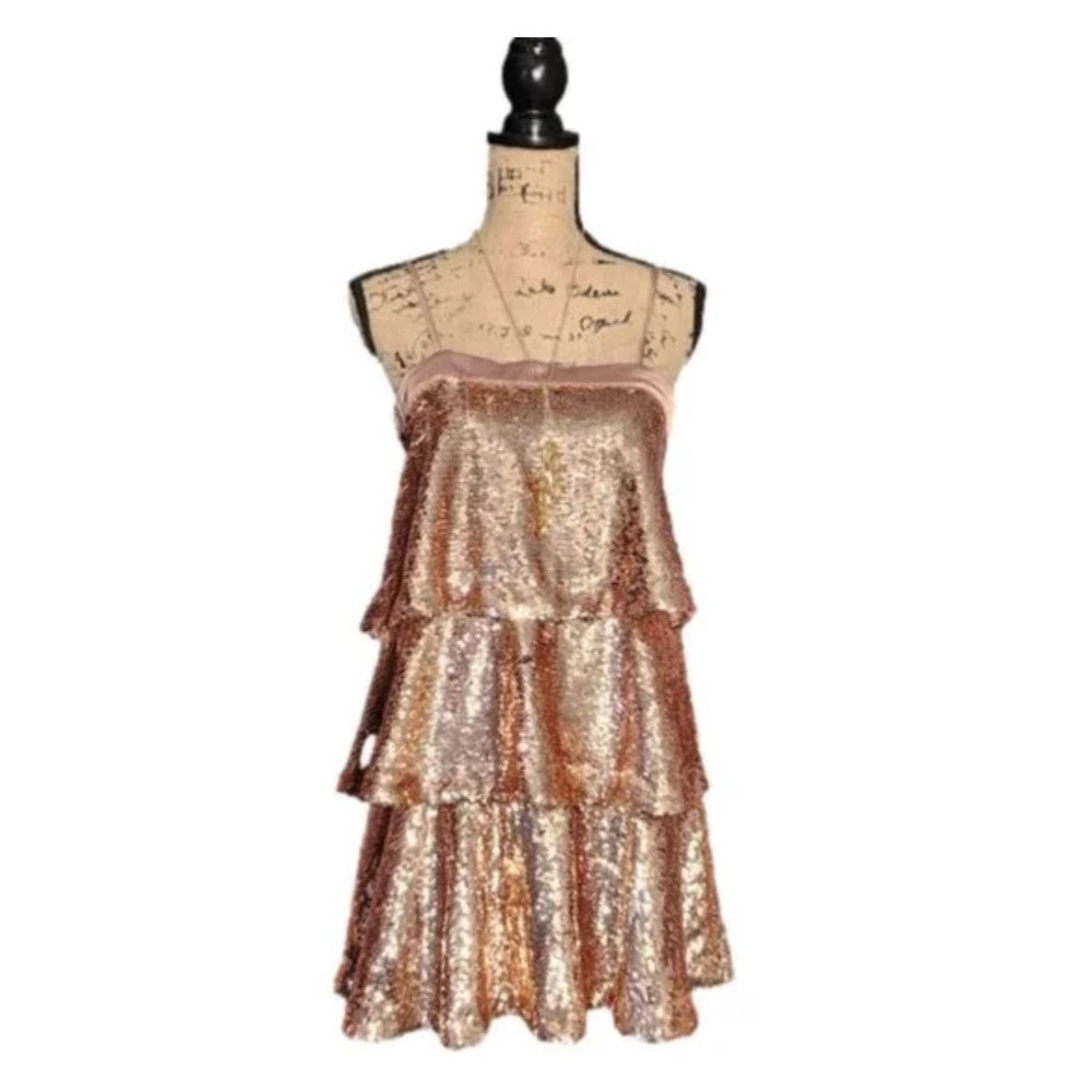 FASHION NOVA Strike It Rich Golden Tiered Sequin Shift Dress